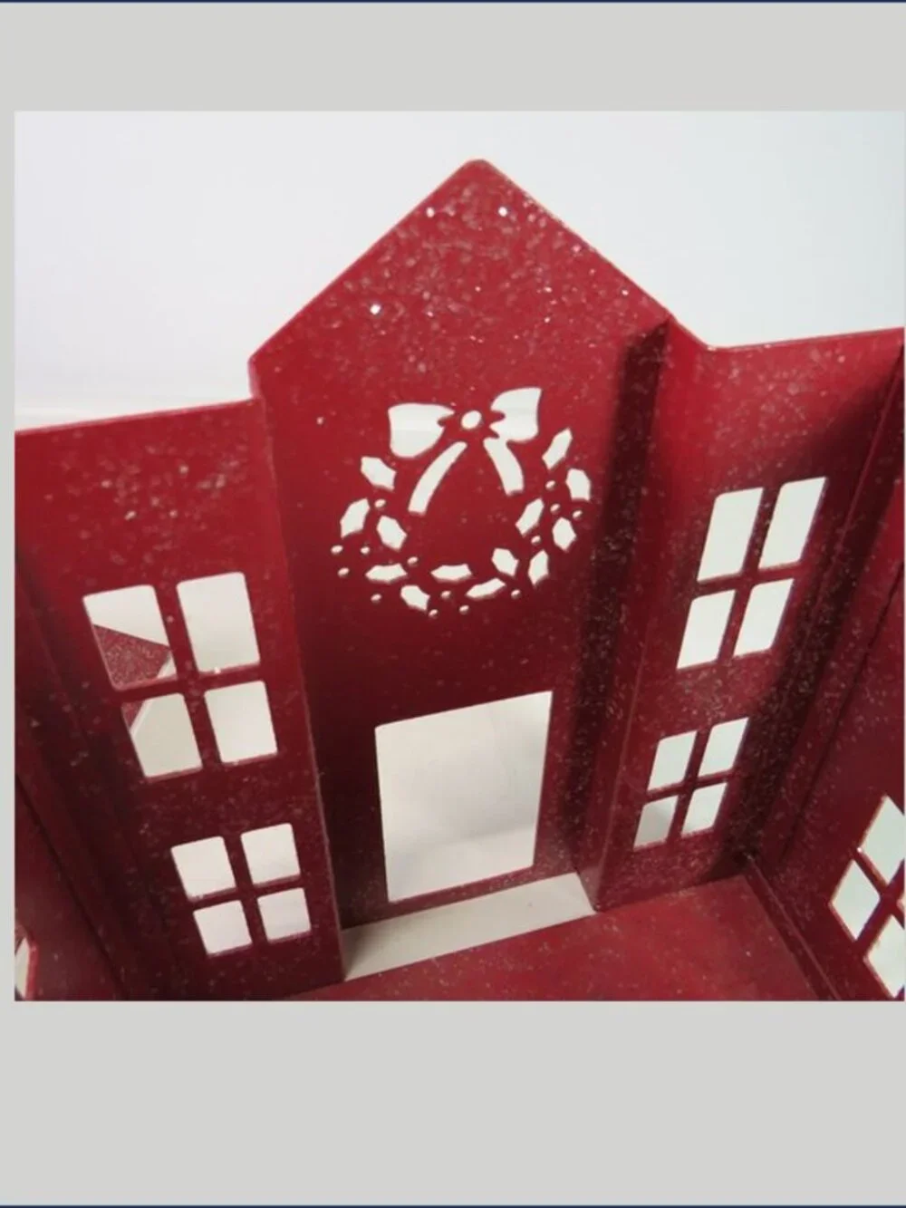 Red Metal House Luminary Glitter Tea Light Candle Holder Removable Roof Wreath